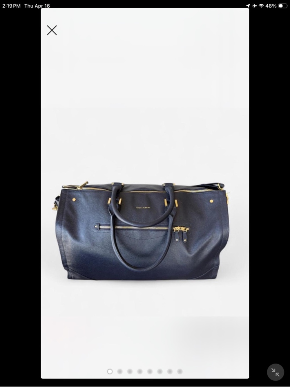 Structured Navy Leather Travel Tote with Gold Hardware